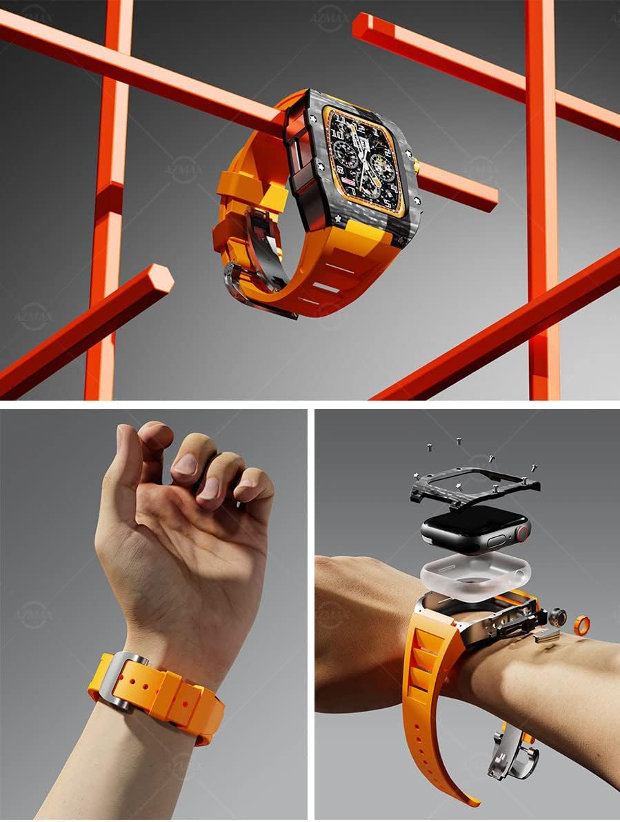 Luxury Carbon Fibre Watch Case Viton Strap,for Watch 6 SE 5 4 3 44mm,Luxury Set Heavy Protection (Color : Orange, Size : 3/4/5/6/se 7/8 45/44mm)