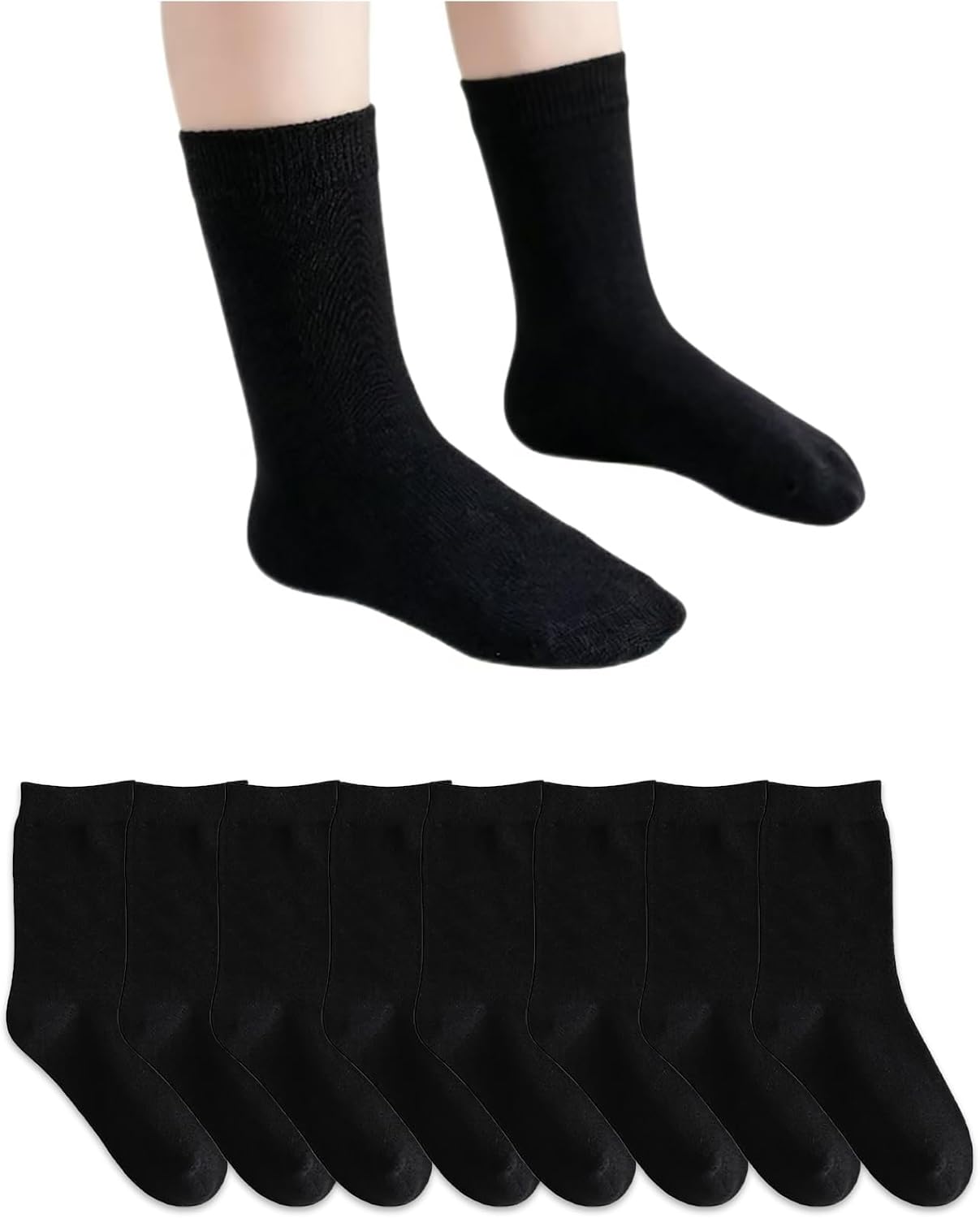8-Pack Boys Crew Socks, Soft Cotton Seamless Toe School Uniform Dress Socks for Kids Ages 3-14