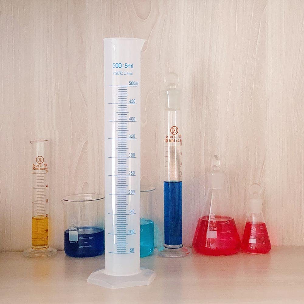 2 cilindros graduados de plástico de 500 ml, juego de cilindros de medición de química de laboratorio, polímero duradero de clase A, graduaciones transparentes, marcado de 2 lados con boquilla