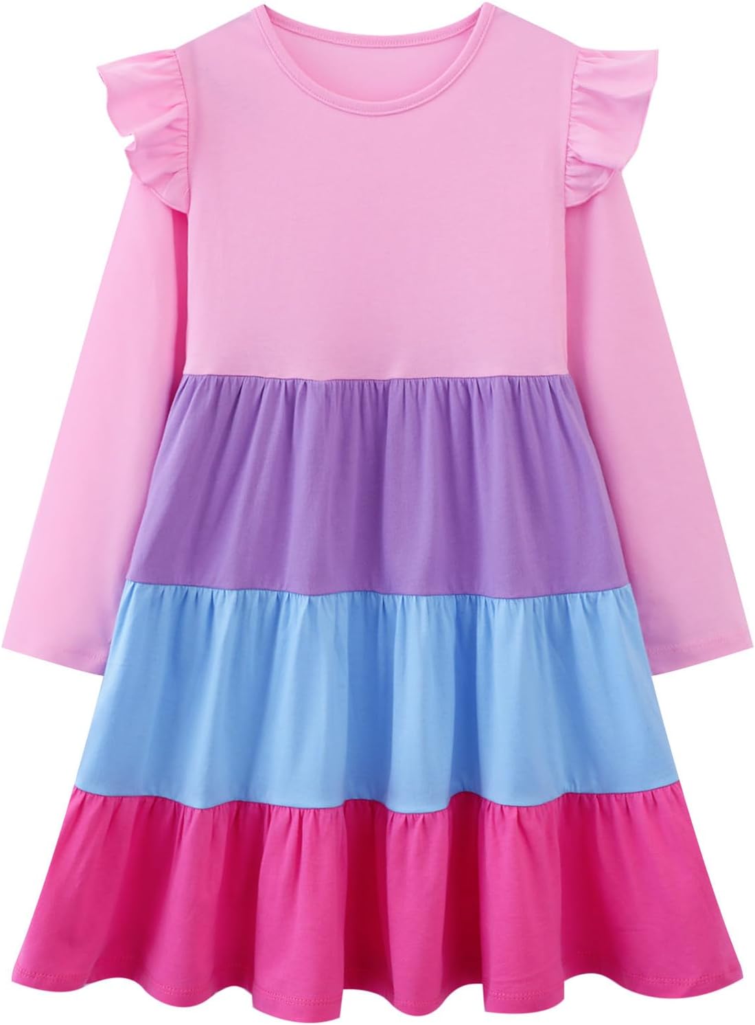 Girl Long Sleeve Dress Ruffle Rainbow Color Block Cotton Casual Tiered Pleated Twirly Dress - Image 2