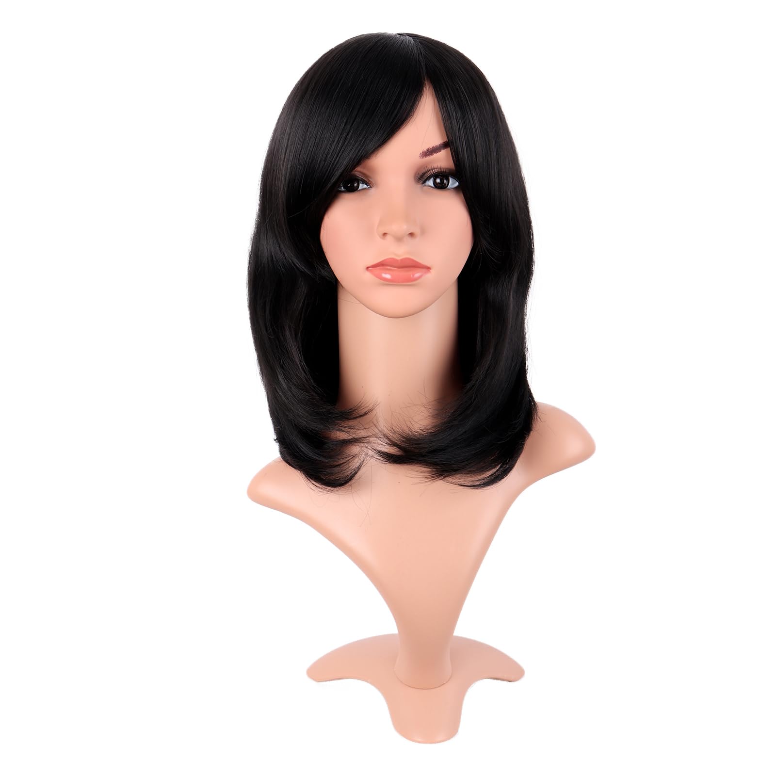 MapofBeauty 16 Inch/40 cm Side Bangs Synthetic fiber Hair High temperature Heat Resistant Fashion Bob Wig (Black)