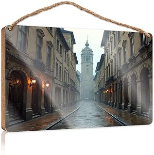 Funny Kitchen Decor A Wet Cobblestone Street Lined With Historic Buildings Leads To A Distant Clock Tower Wooded Sign Signs & Plaques Winter Door Decorations(15X28CM)