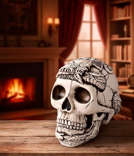 Aztec Skull Figurine with Quetzalcoatl Feathered Serpent Carvings, Decorative Mexican Collectible Statue