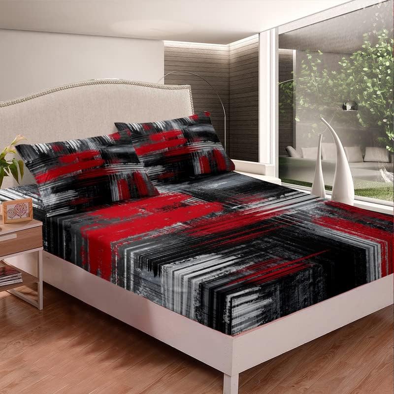 Miniatura 3 de Feelyou Juego de sábanas de color rojo, negro y gris con bolsillo profundo, sábana bajera geométrica artística, juego de sábanas de arte de graffiti