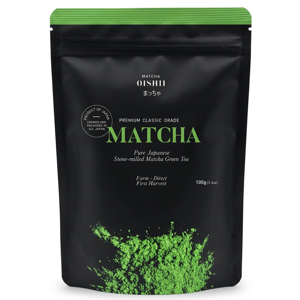 Matcha Oishii Premium Classic Grade Matcha Green Tea, Pure Japanese Stone-Milled, Farm-Direct First Harvest, 100g (3.5oz)