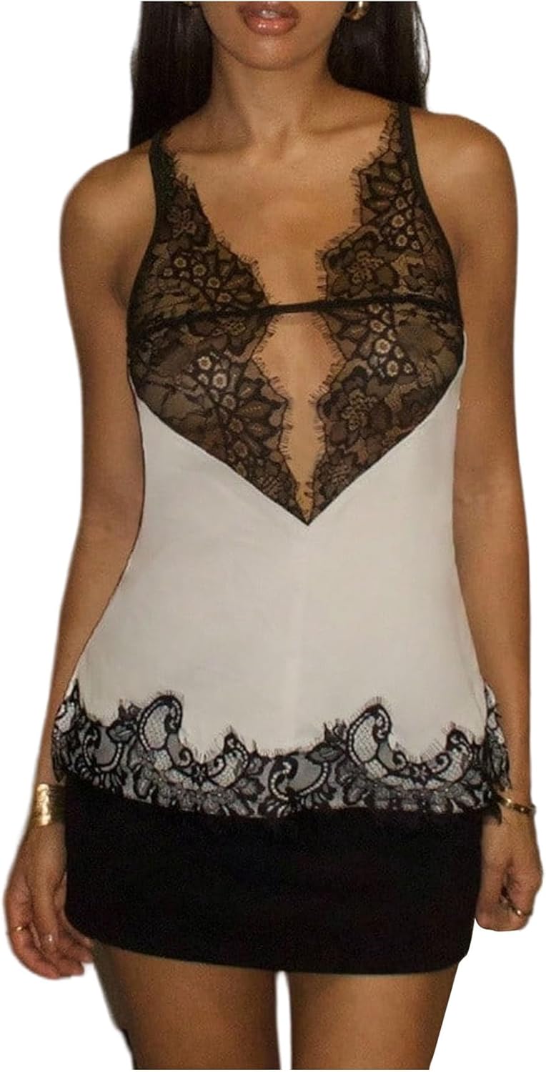 Floerns Women's Elegant Lace V Neck Spaghetti Strap Satin Night Out Camisole Black and White Large