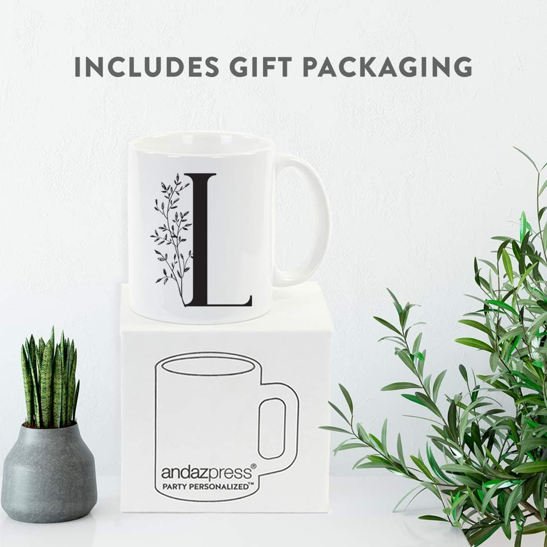 Andaz Press 11oz. Coffee Mug Gift, Elegant Black Design, Monogram Initial Letter L, 1-Pack, Includes Gift Box, Christmas Birthday Mother's Day Graduation Coworker Present Ideas for Her