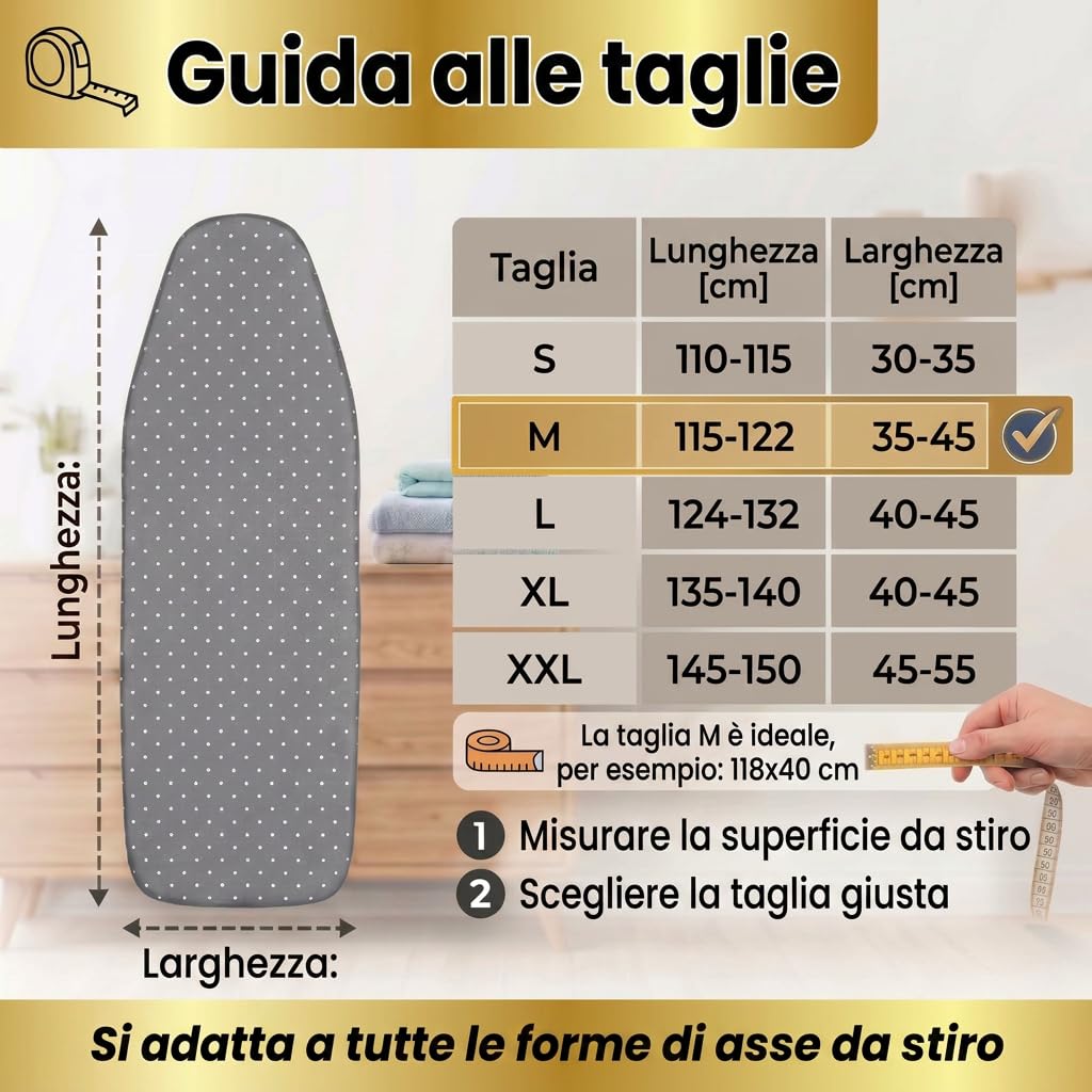 Copriasse da stiro 120x40 cm - Copriasse da stiro in cotone - Adatto alla stiratura a vapore - Imbottitura extra spessa + elastico e tenditori, 115-122 cm - 35-45 cm
