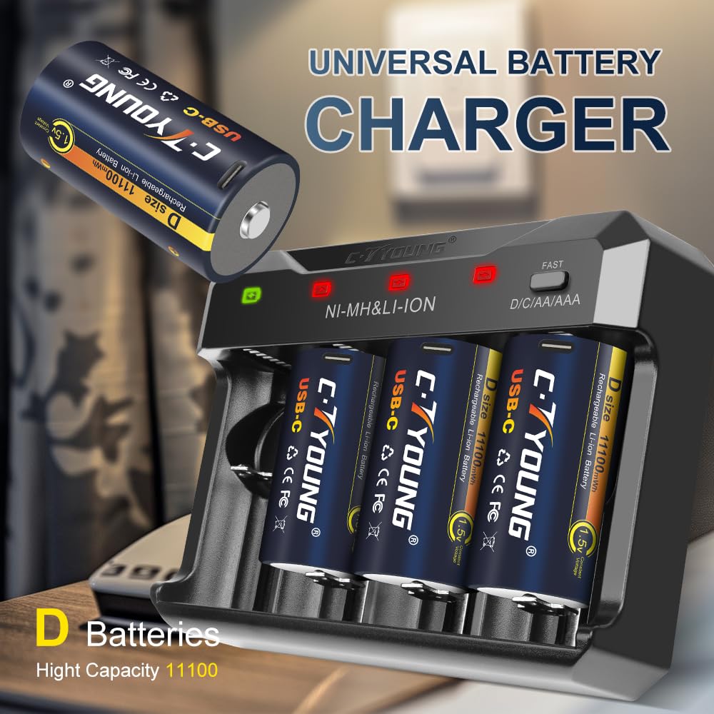 CTYOUNG Baterías D Recargables con Cargador Universal USB Tipo C, Paquete de 4 Pilas D de Litio de 1.5 V de 11000 mWh de Alta Capacidad compatibles con AA, AAA, C, D y más