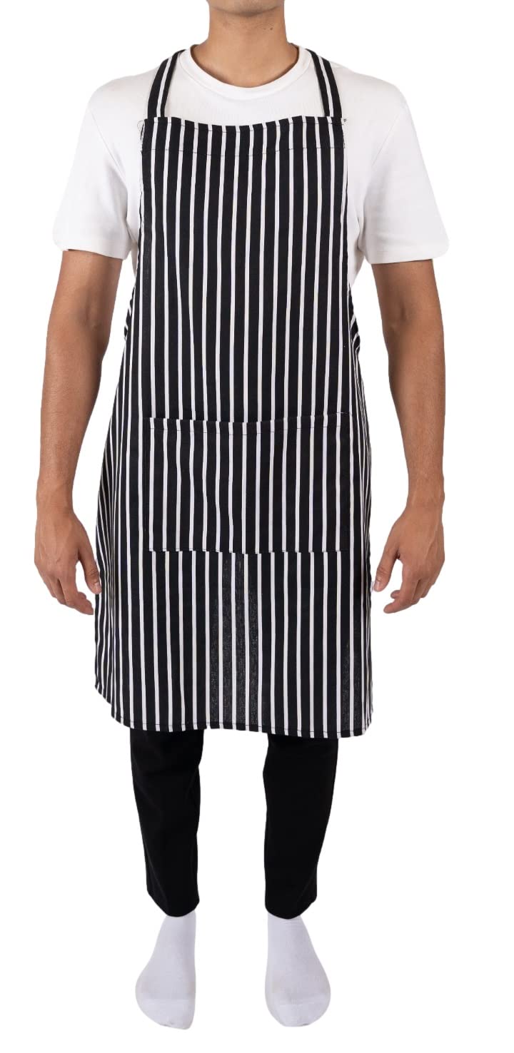 Casa D'or Unisex Black Apron Bib With Pockets Stripe Adjustable Apron For Cooking Baking Kitchen Restaurant Chef Cotton Apron Bib (Black)
