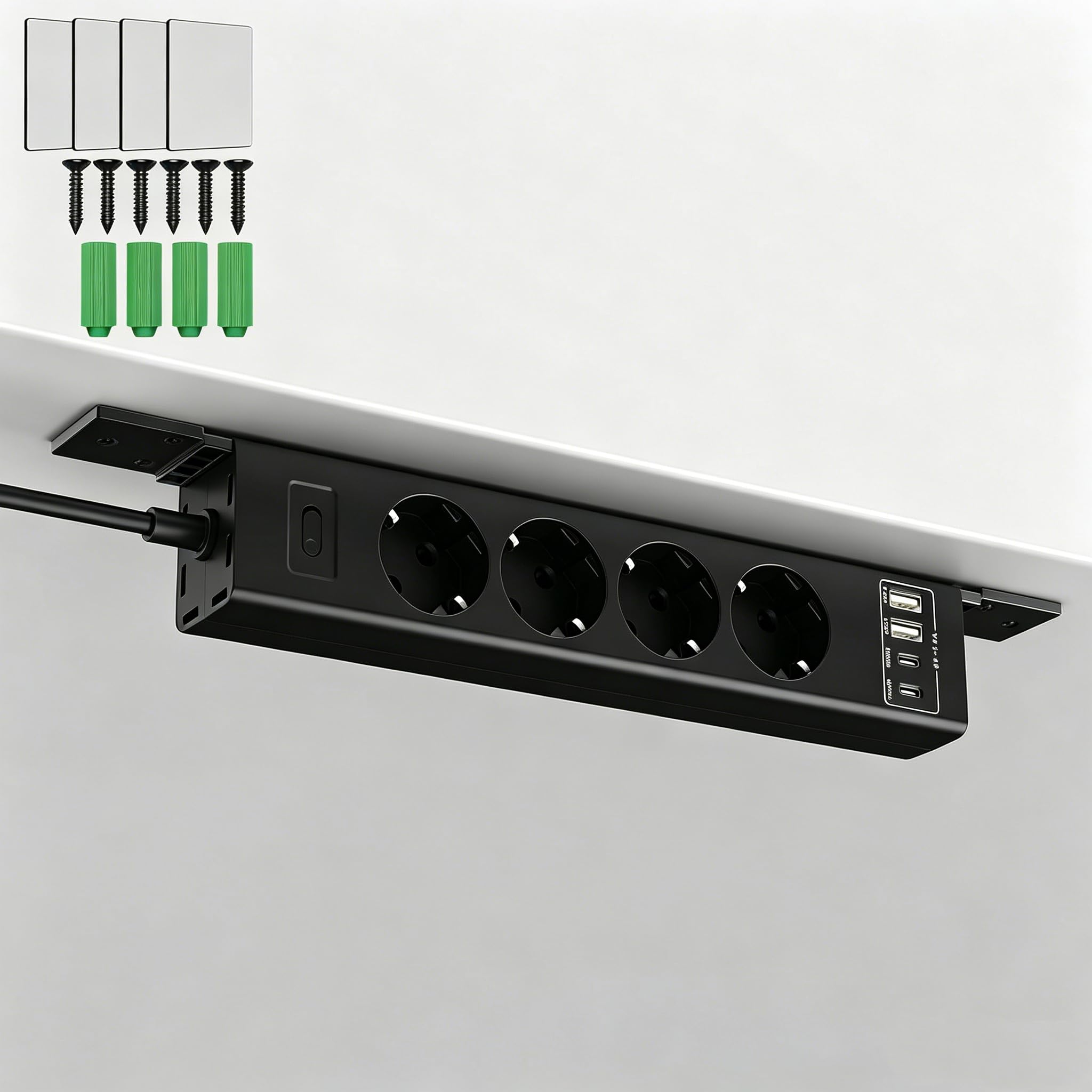 Untertisch Steckdosenleiste 4 Fach,2 USB-C PD20W 2 USB-A QC3.0,4000W Mehrfachsteckdose mit Überlastschutz,2m Kabel,Schwarz,Kabelmanagement