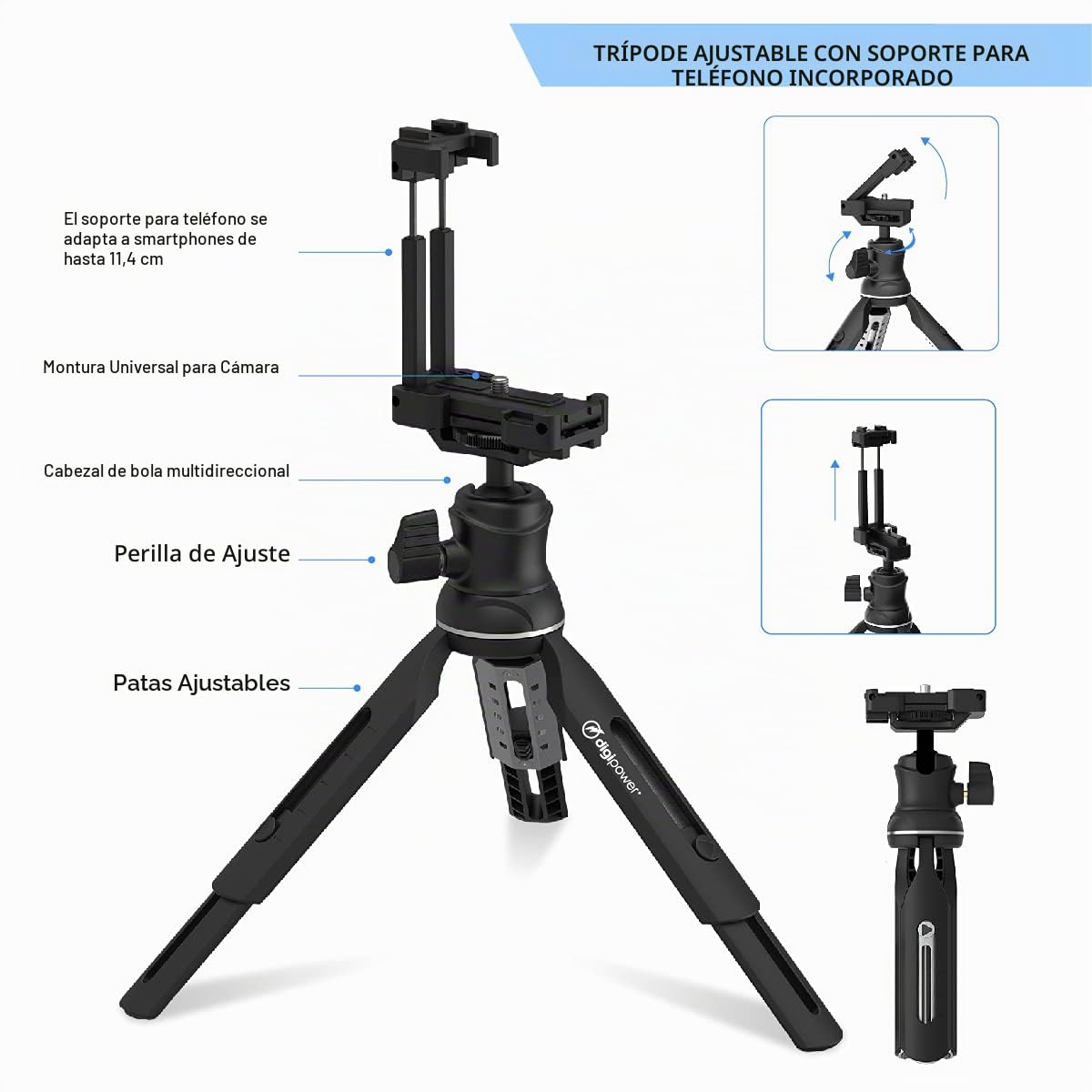 DigiPower The Instructor - Kit de vídeo Profesional (Incluye micrófono, luz LED, trípode y Soporte para teléfono)