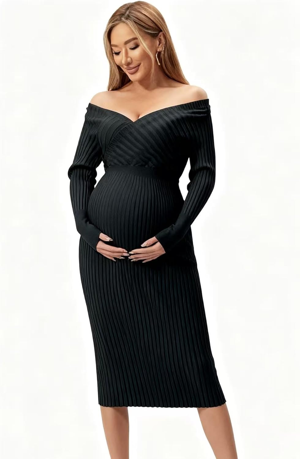 Wrap V Neck Women's Maternity Rib Knit Split Hem Dress, Long Sleeve Bodycon Midi Batwing Open Back Dress