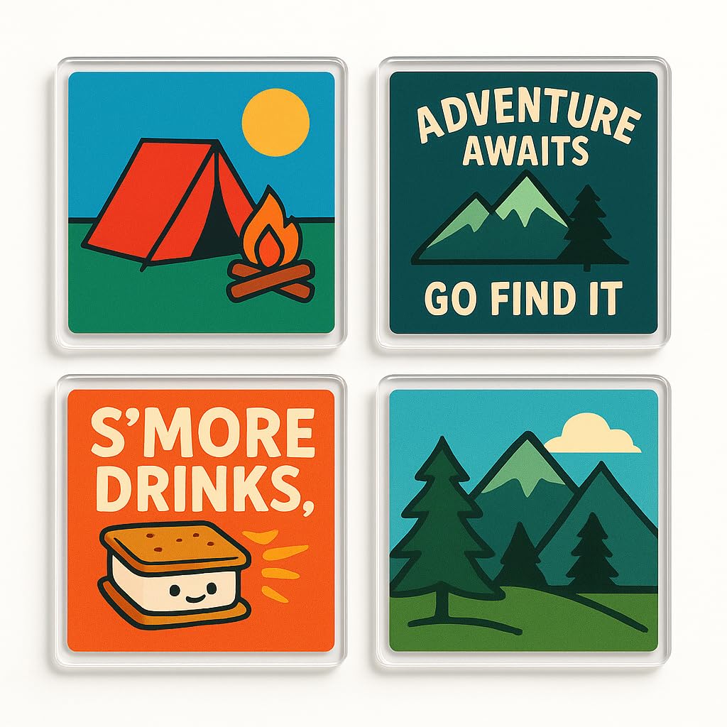 The Plum Penguin Wild Spirit Set Acrylic Coaster Gift Set Of 4 With Humorous Camping Design - Wild Spirit Collection For Outdoor Enthusiasts - Home Decor & Drinkware