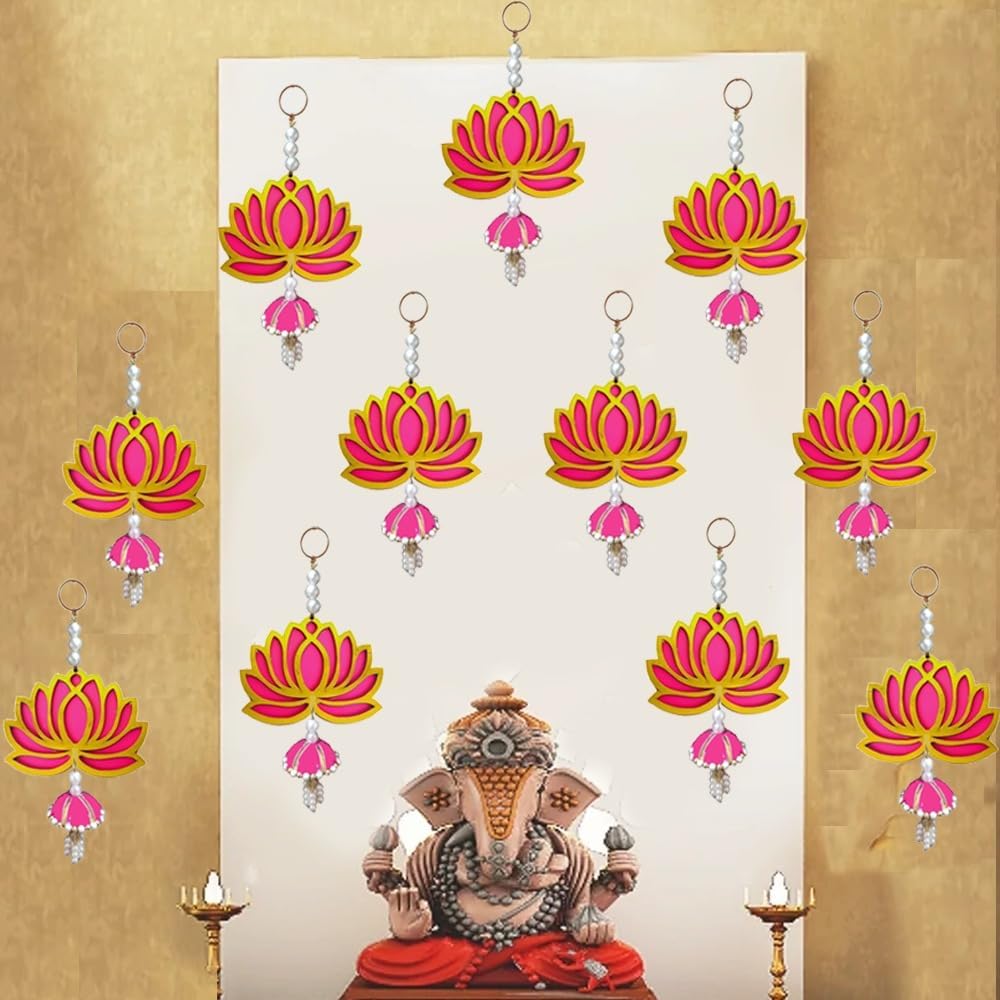Pink Rani Color Lotus 11 Pc Moti Jhumka Wall Temple Hanging Thoran Decorative Showpiece for Diwali Ganesh Chaturthi Pooja Home Festival Backdrop Decoration