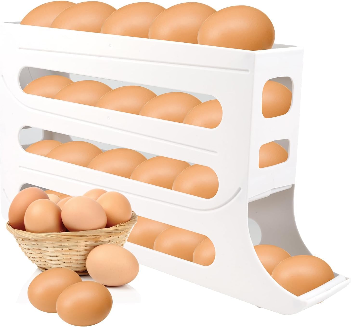 Auto Rolling Fridge Egg Organizer | 4-Tier Stackable Egg Dispenser with Space-Saving Design | Holds 30 Eggs | Large Capacity Egg Rack for Refrigerator Storage