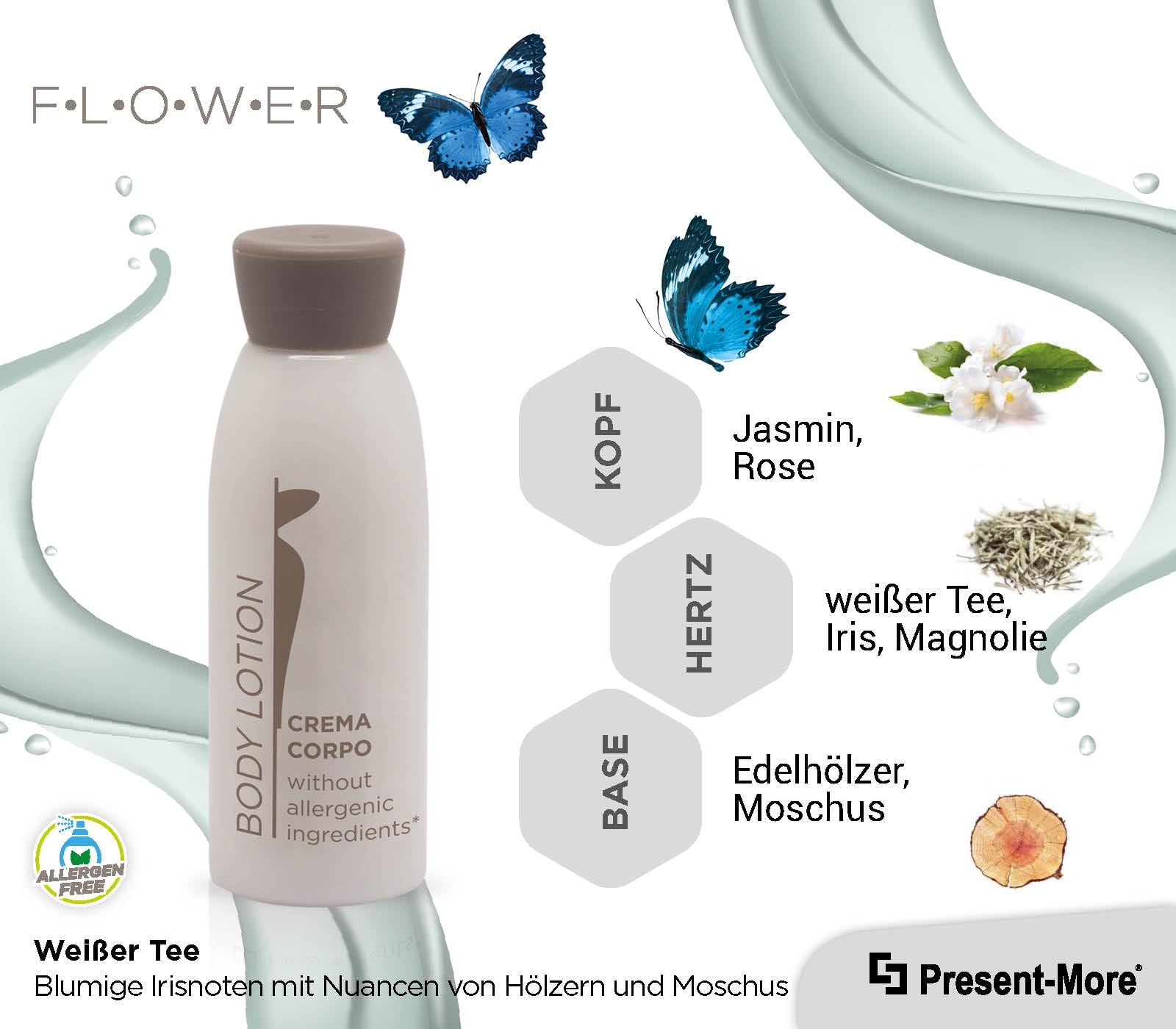 Present-More Body Lotion 30ml Flower - Körpercreme 250 Stücke für Hotels und B&B | Allergenfreie Körpercreme mit Duftnoten von weißer Tee