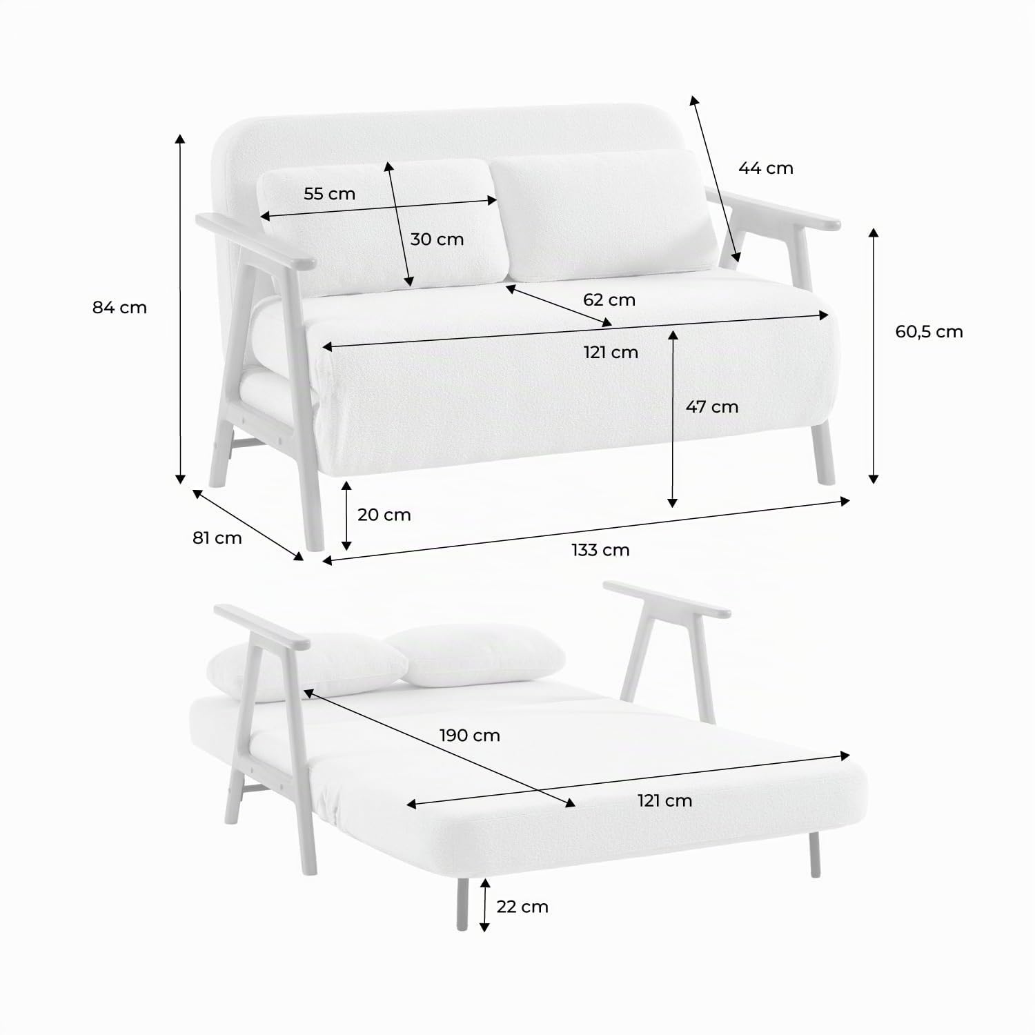 Alice's Garden sweeek - Banquette canapé Convertible 2 Places Bois d'hévéa teinté Noyer Clair et Bouclette texturée Kaki L 133 x P 81 x 84cm - Sven