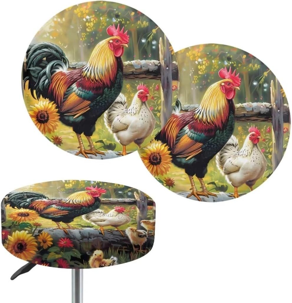 Kuiaobaty 8 Pack Elastic Bar Stool Seat Covers Stool Covers Round Rooster Print Stool Cushion Slipcover Bar Chair Cover with Elastic Bands for 13-15 Inch Round Barstool