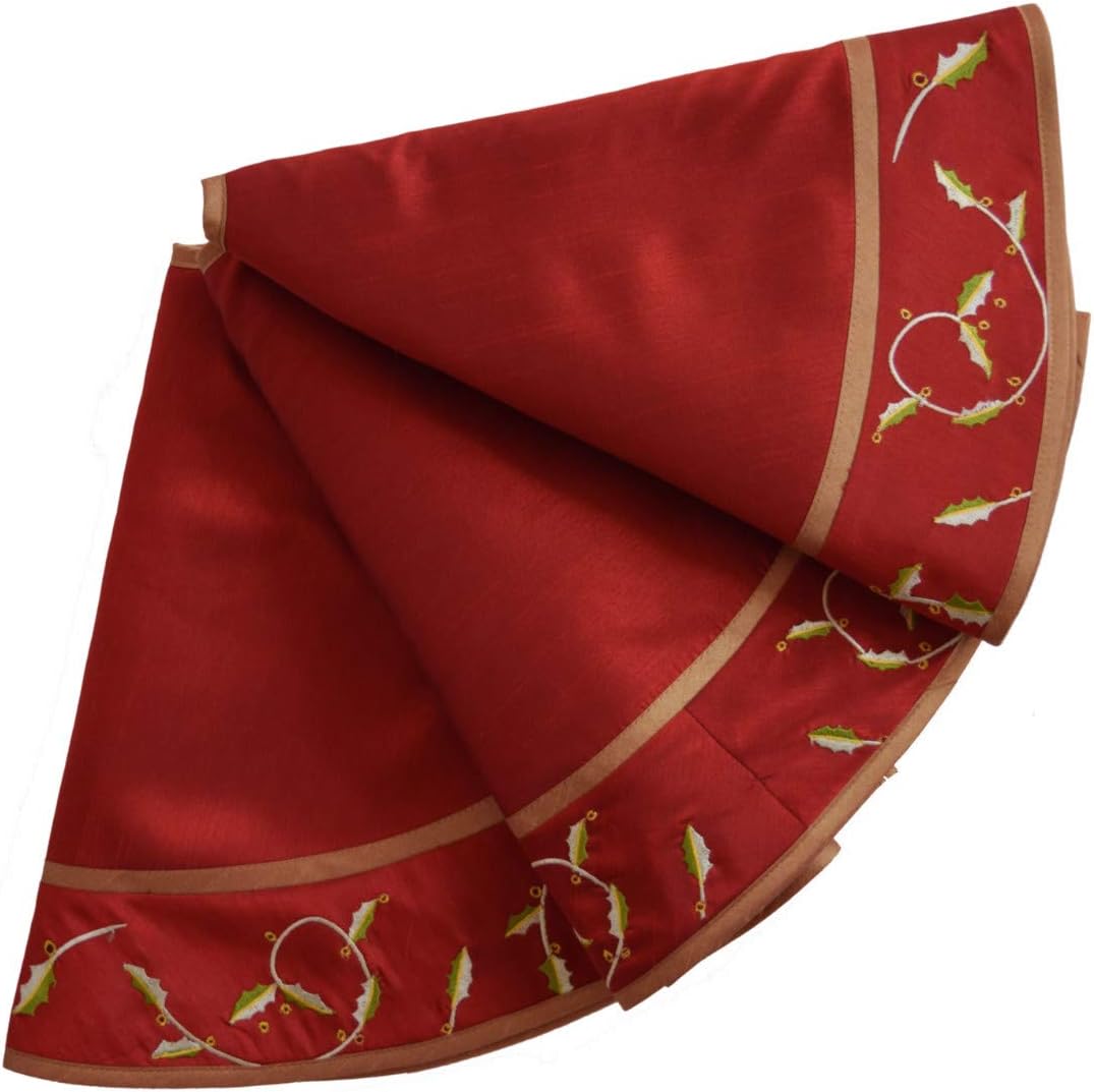 ANOTHERME Deluxe Handmade Large Christmas Tree Skirt with Holly Leaves 50 inch, Festive Holiday Party Decoration (Dark red)