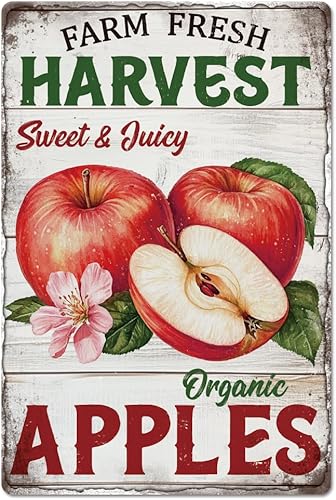 GLOBLELAND Letrero de metal con texto en inglés "Farm Fresh Harvest" de manzanas, letrero vintage de metal con frutas, 12 x 8 pulgadas, divertido