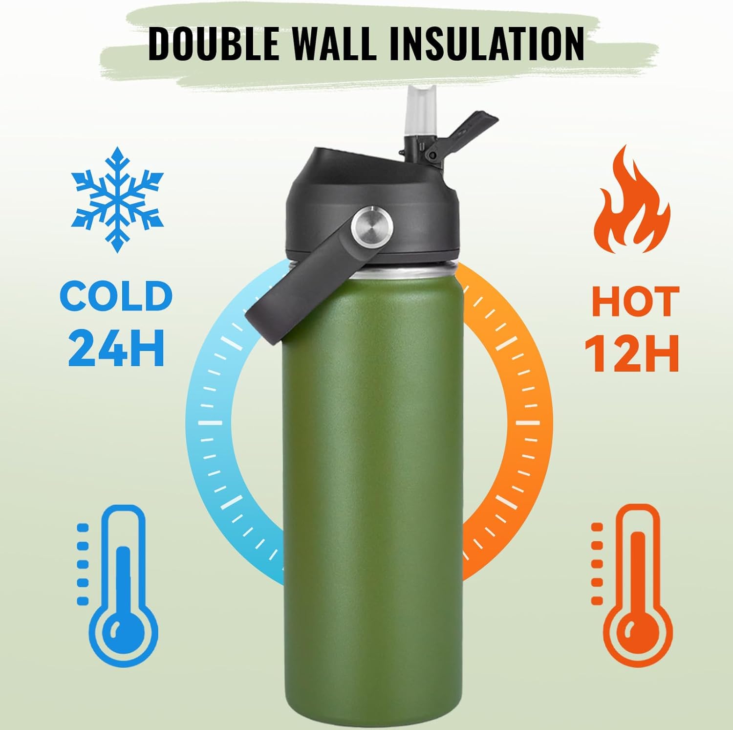 18oz Insulated Stainless Steel Water Bottle, Wide Mouth Double Wall Vacuum, Silicone Straw, Sweat & Leak Proof, BPA Free Insulated Water Flask for Travel, Keep Cold 24h Hot 12h, Green - Image 6