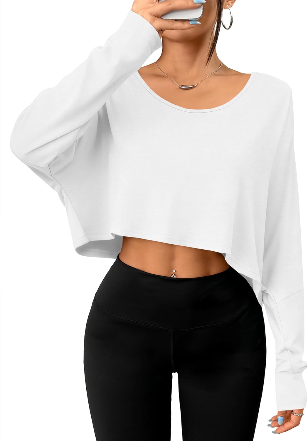 Remidoo Womens Batwing Long Sleeve Crop Top Crewneck Oversized Tshirt Casual Loose Shirt