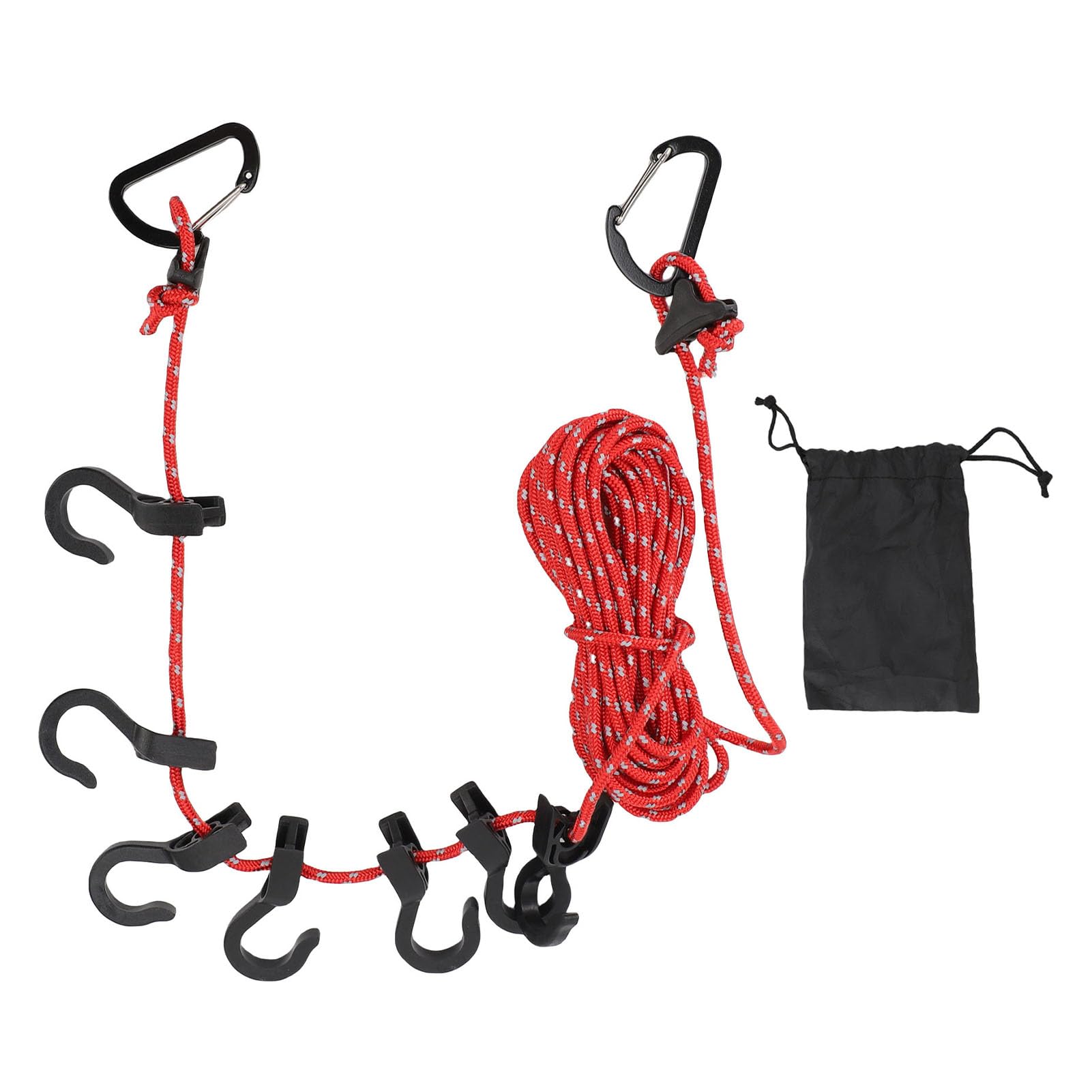 Portable Travel Clothesline, Windproof Clothesline with 7 Durable Hand Hooks with Triangle Clasps and Adjustable Lengths (Red Reflective)