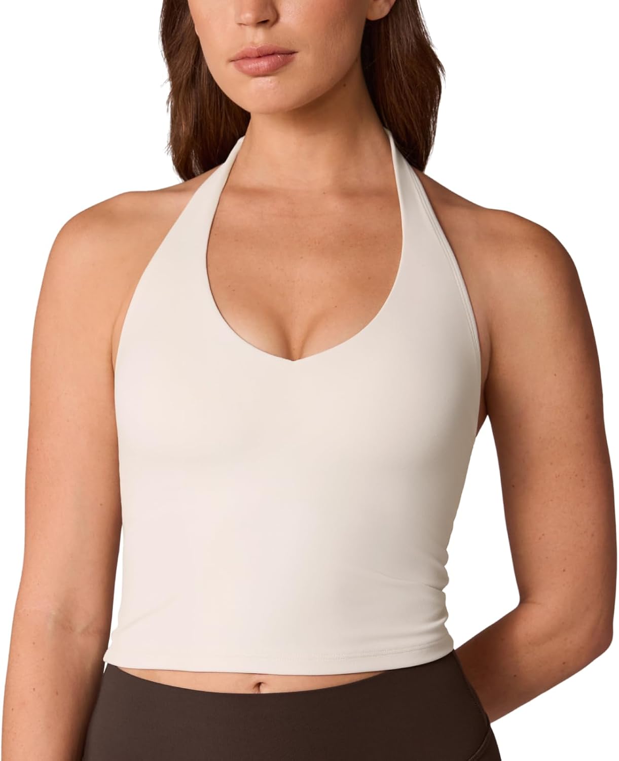 UNISSU Hugcurve Halter Longline Sports Bras for Women V Neck Open Back Crop Tank Tops with Built in Pads Workout Gym