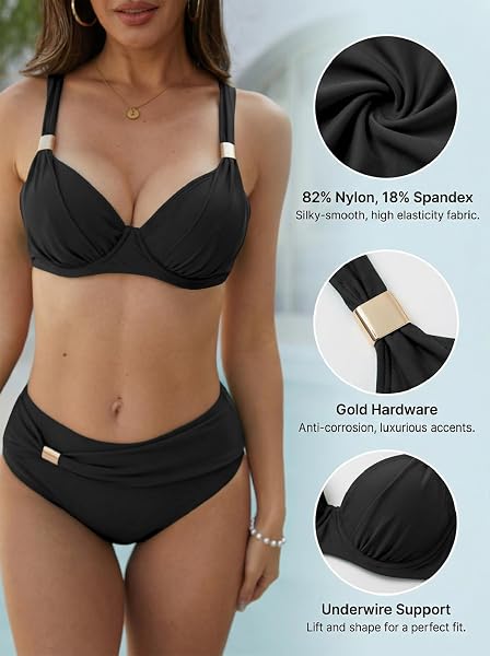 Yutdeng Bañador Dos Piezas Mujer Braga Alta Bikini Push Up con Aros Bikinis Reductor Barriga Talle Alto Vientre Plano con Pliegue Traje De Baño Mujer 2 Piezas Ropa de Baño Biquini - 4