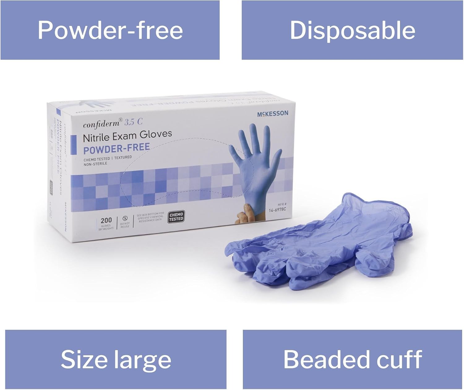 McKesson Confiderm 3.5C Nitrile Exam Gloves, Non-Sterile, Powder-Free, Blue, Large, 200 Count, 1 Box - Image 3