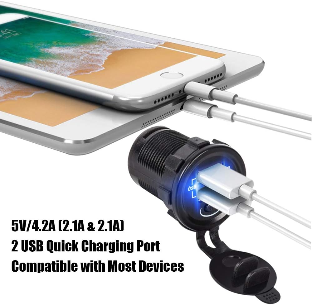 12V USB Outlet Car Charger Socket with Power Switch, Dual USB Car Outlet for Car Boat Marine Truck RV Golf Cart
