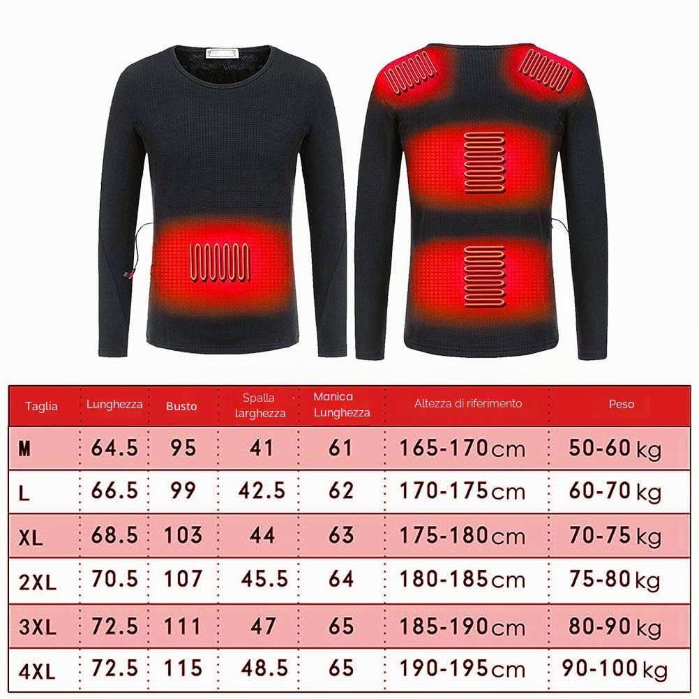 Maglietta termica unisex riscaldata, termica, a maniche lunghe, regolabile, lavabile, con presa USB, per corsa, sci, ciclismo