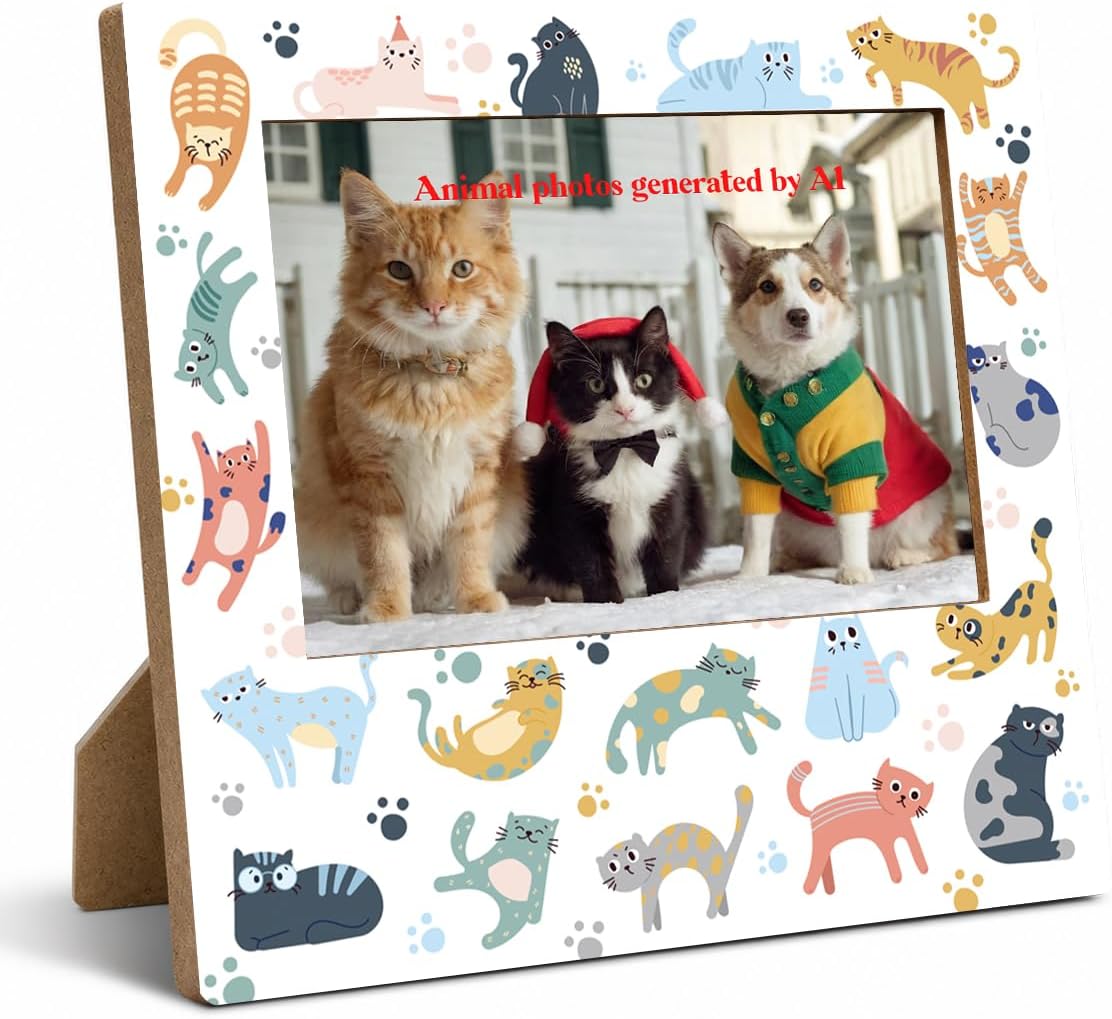 Picture Frame 4x6 Inch Cute Cartoon Cat Border Design, Pet Lover Photo Frame for Cat Owners, Decorative Wooden Tabletop Display, Charming Home Decor Accent for Living Room Bedroom Office Shelf