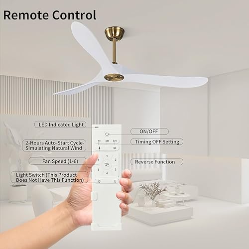 Miniatura 7 de Ventilador de techo para interiores y exteriores de 60 pulgadas sin luz motor CC silencioso de ahorro de energía 3 cuchillas de madera Balsa blanca