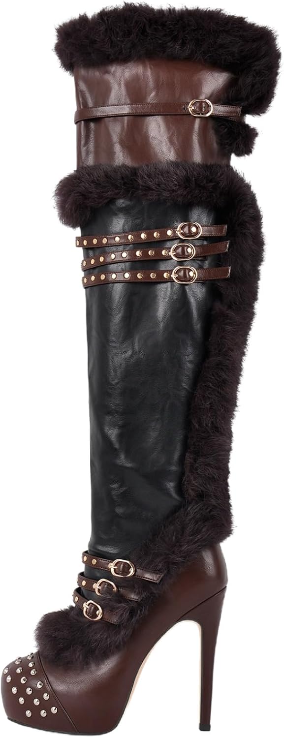 Women's Platform Thigh High Boots Round Toe Studded Faux Fur High Heels Buckles Stilettos