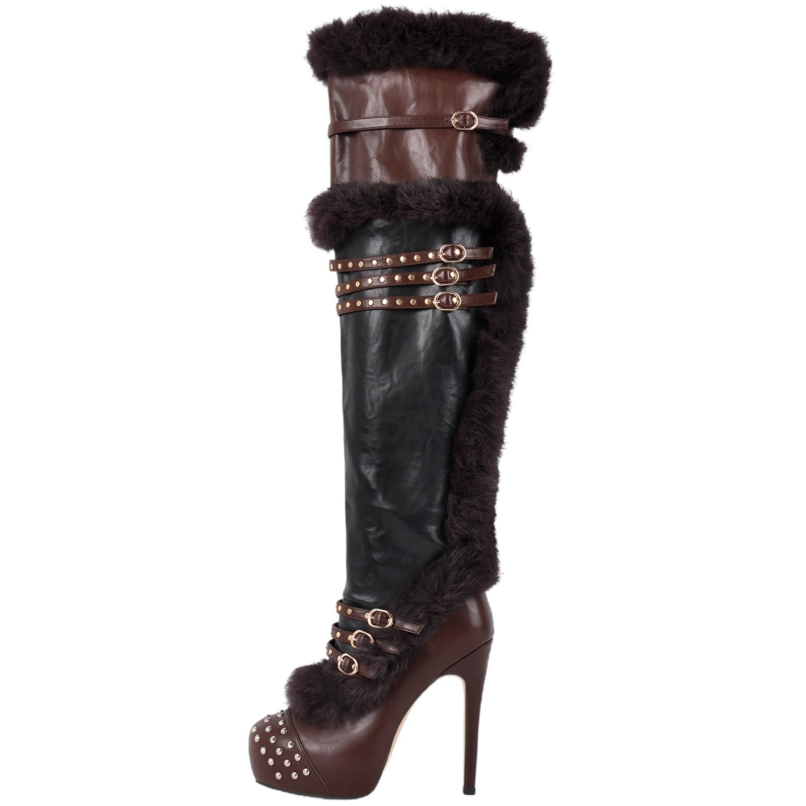 Womens Platform Thigh High Boots Round Toe Studded Faux Fur High Heels Buckles Stilettos