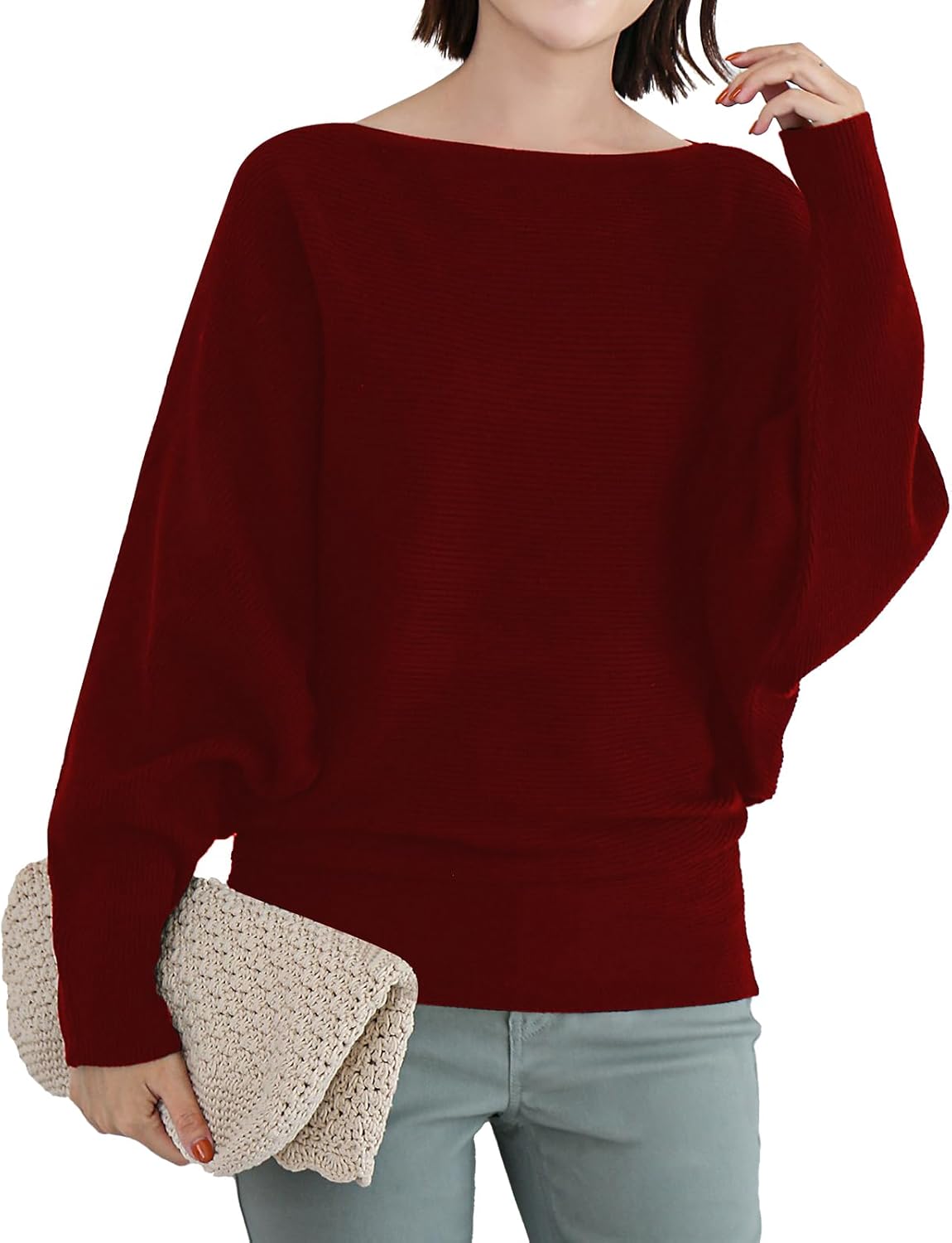 Women's Batwing Long Sleeve Pullover Sweater - Oversize Boat Neck Knitted Ribbed Pullovers with Dolman Sleeve