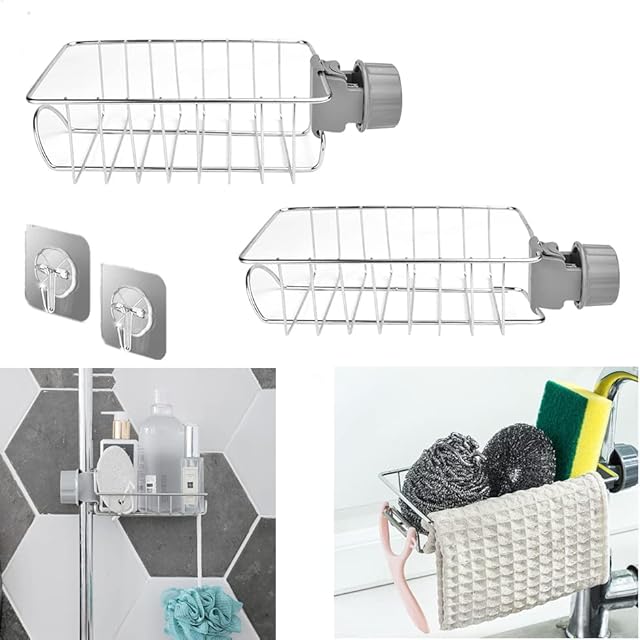 UCNOGIM Shower Caddy No Drill, 2 Pack Kitchen Faucet Rack Kitchen Faucet Caddy Sponge Holder Sink Caddy Organizer Shower Tray Rack Shower Pole Shelf Shampoo Soap Holder Rack for 15mm-30mm Shower Rail