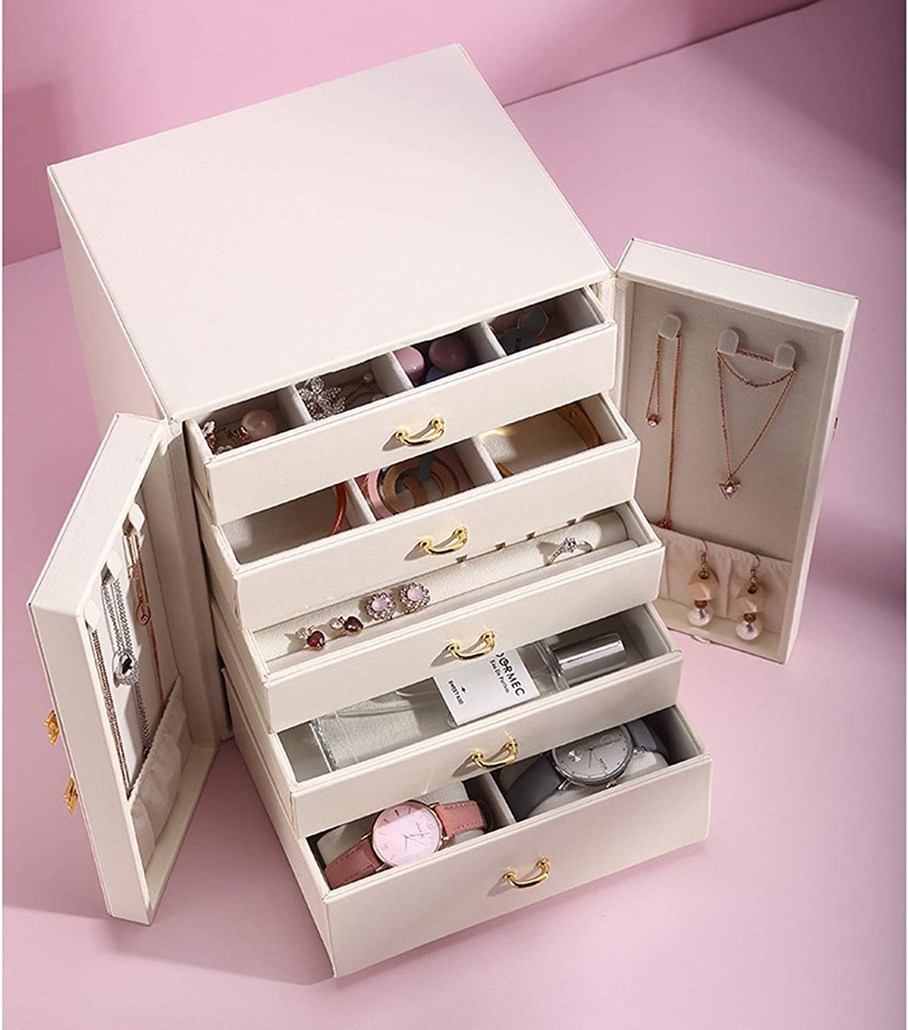 Caja De Joyería Joyero De Cuero De Lujo, Anillo, Pendiente, Collar, Reloj, Caja De Almacenamiento Para El Hogar, Joyero De 5 Capas, Caja De Almacenamiento De Joyería Organizador De Joyas(White)