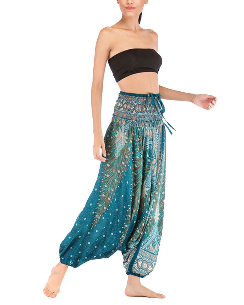 YAOTT Women's 2 in 1 Trouser & Jumpsuit Hippie Harem Pants Baggy Boho Patterned Loose Fit Smocked Waist Drop Crotch Lounge Green