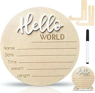 Baby Announcement Sign,Personalized Wooden 5.9inch Hello World Newborn Sign,Birth Name Announcement Sign,3D Pattern,Boys And Girls Gift,Hospital Nursery For Baby (White letters)
