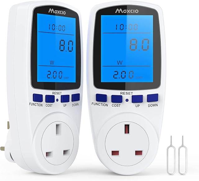Electricity Usage Monitor Power Consumption Meter, Maxcio 13A Power Meter Energy Monitor UK Plug with Backlight LCD Display, Energy Saving Analyzer KWH Meter Socket Amp Watt Meter, Updated Version 2P