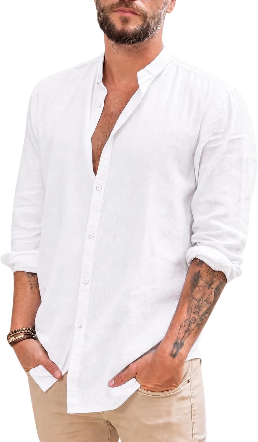 Makkrom Men Linen Shirt Button Down Long Sleeve Cotton Beach Band Collar Casual Summer Shirts