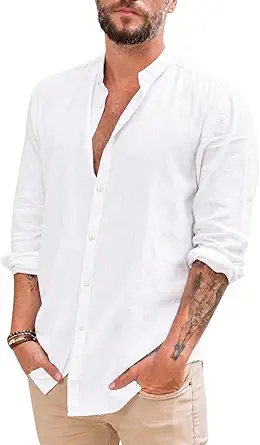 Men's Linen Cotton Button-Down Long Sleeve Shirt - Casual Summer Beachwear