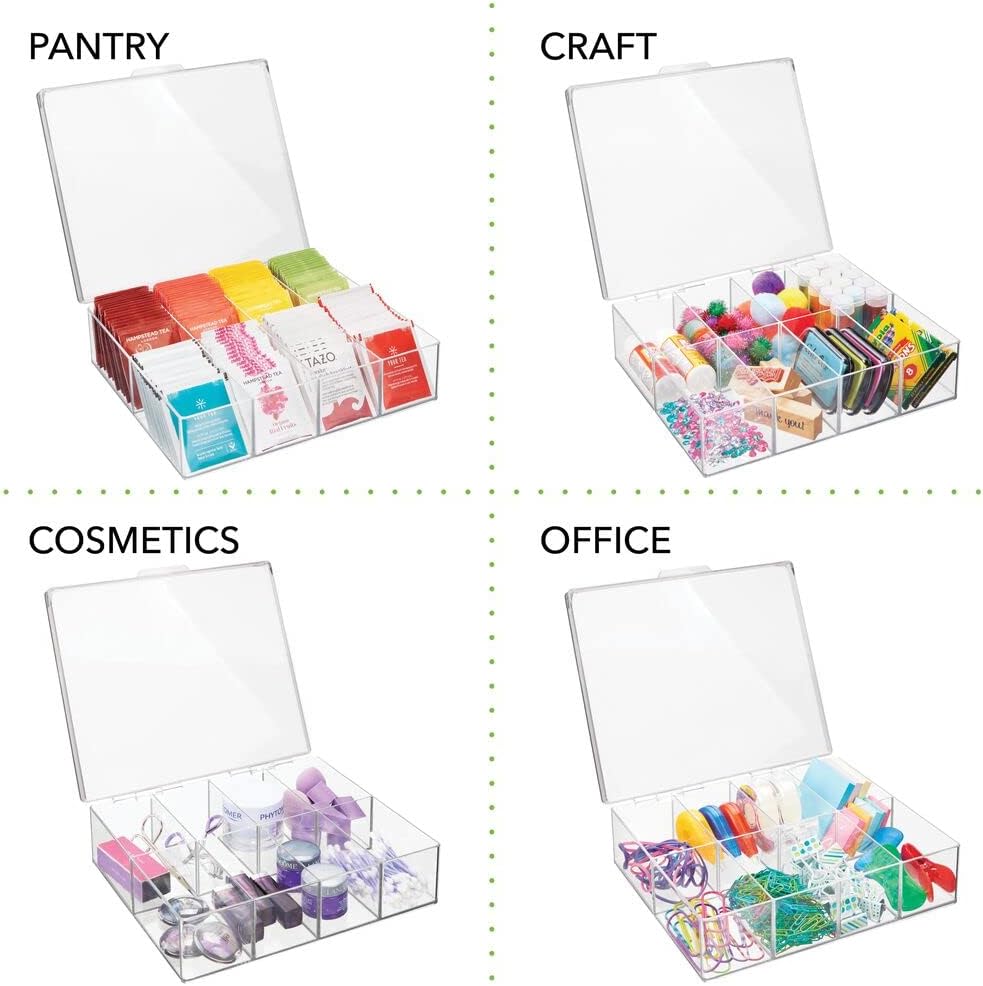 mDesign Craft & Sewing Storage Cosmetic Organizer Box with Hinged Lid for Craft, Sewing, Art Supplies - Holds Paint Brushes, Colored Pencils, Stickers, Glue, Yarn - 8 Divided Sections - Clear