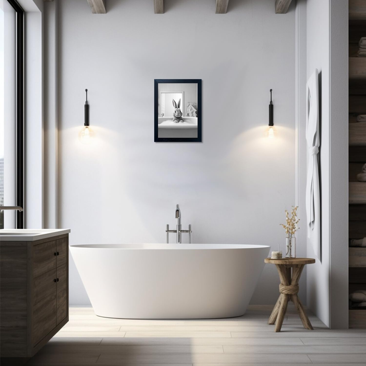 Bathroom Picture Wall Decor, Framed Black and White Bathroom Wall Art, Toilet Paper in Little Funny Raccoons Hand Animal Canvas Print Painting