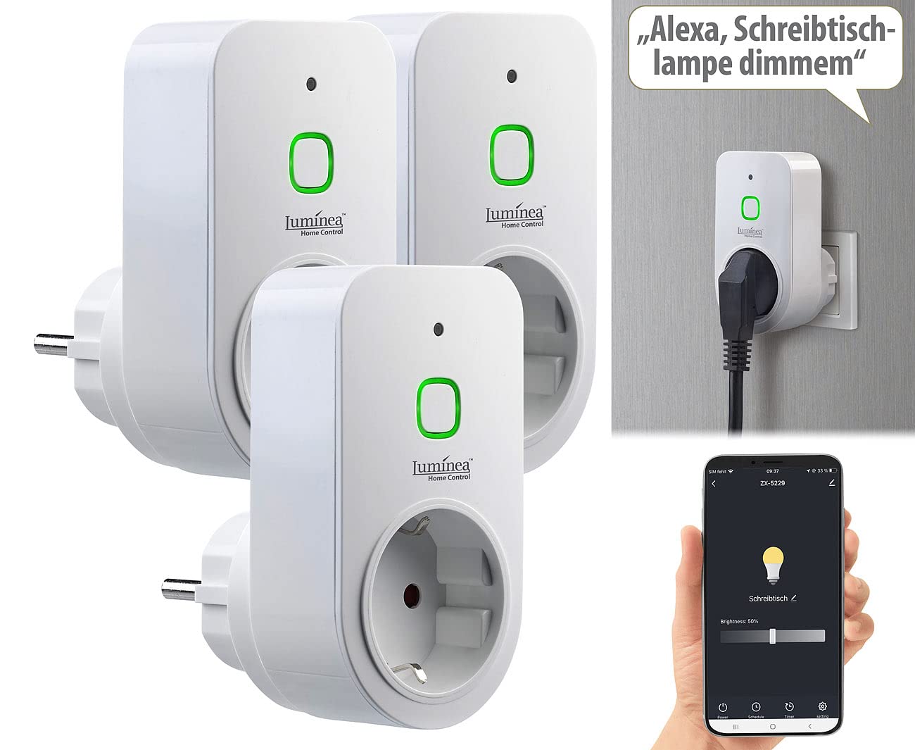 Luminea Home Control Steckdose Schalter: 3er Smarte WLAN-Dimmer-Steckdose mit Phasenabschnittsdimmer bis 200 W (LED-Dimmer, für Lampe, Tisch)