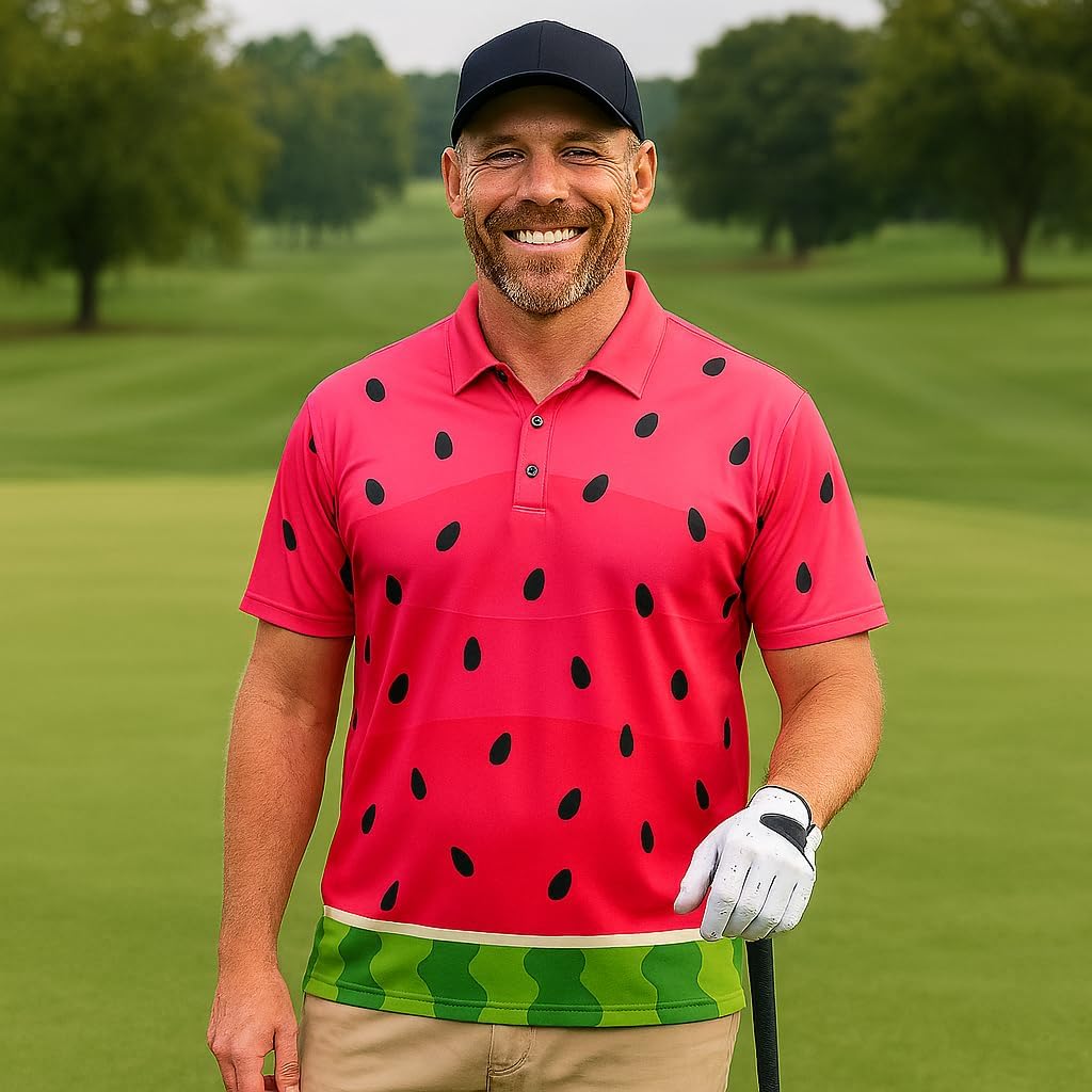 Funny Golf Polo Men Shirts - Short Sleeve UPF Quick Dry Fit Performance Moisture Wicking Stretch Crazy Summer Casual Tropical