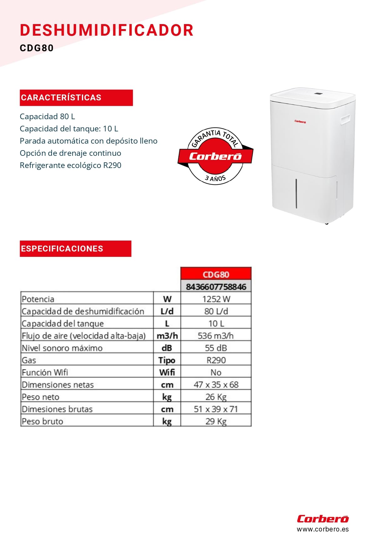 Osuszacz powietrza Corberó | CDG80 | Pojemność 80 l/dzień | Zbiornik 10 l | Ciągły drenaż | Automatyczne wyłączanie | Ekologiczny czynnik chłodniczy R290 | Wysoka wydajność | biały